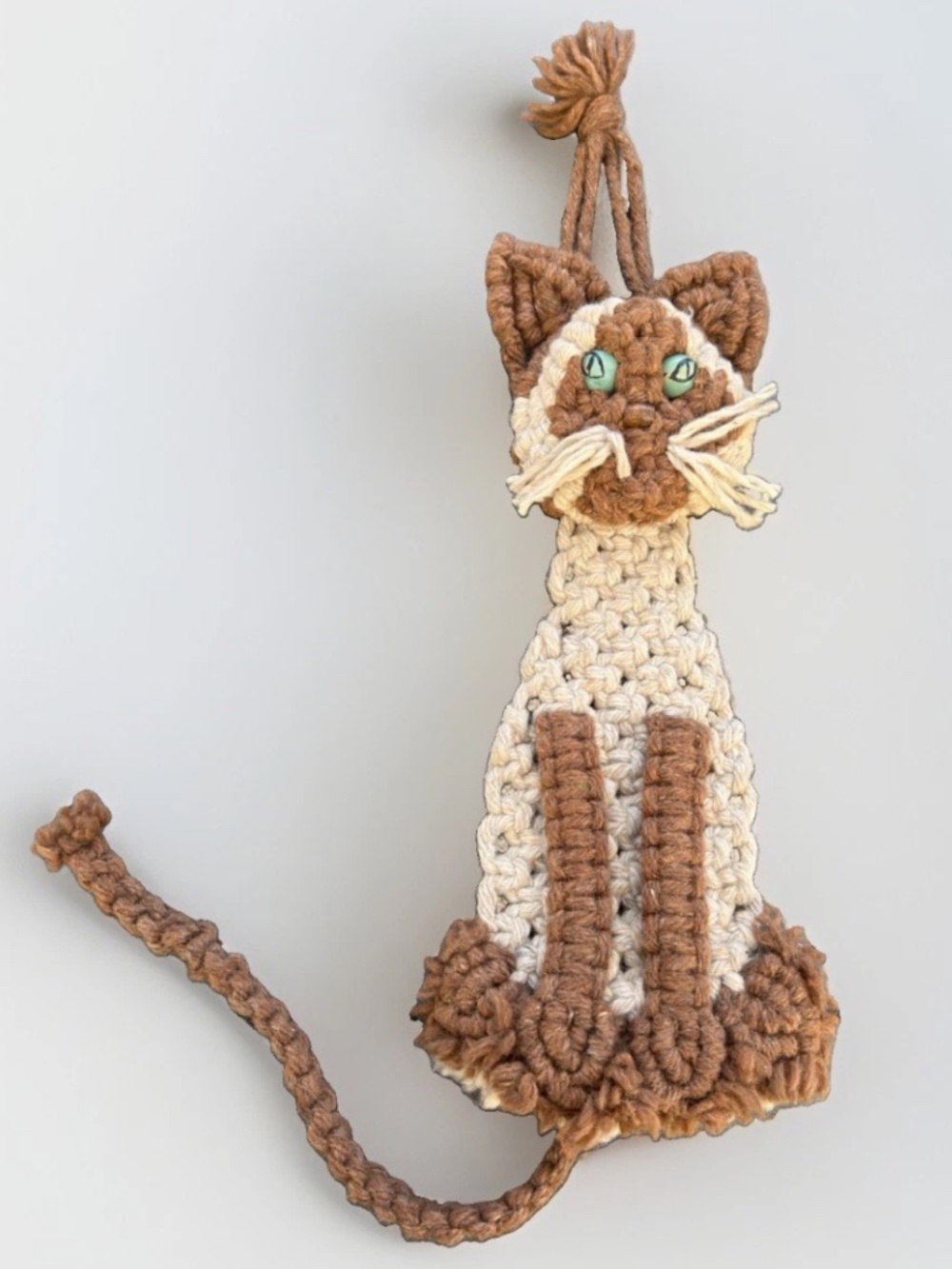 Vintage 70’s MCM Cat Macrame Wall Hanging Boho Bead Folk Art Decor Handmade